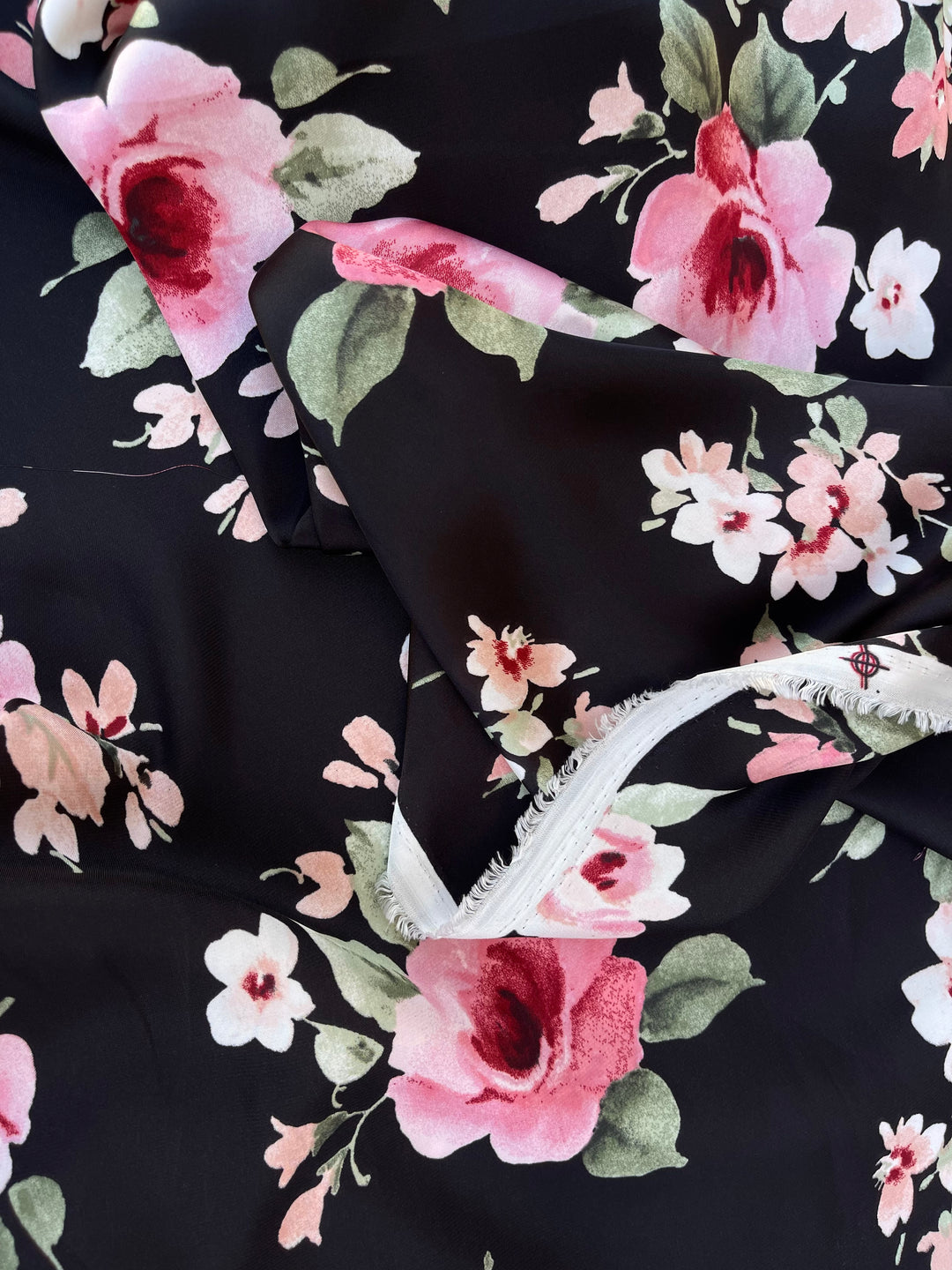 Lightweight satin fabric by the yard - Pink Roses on Black background