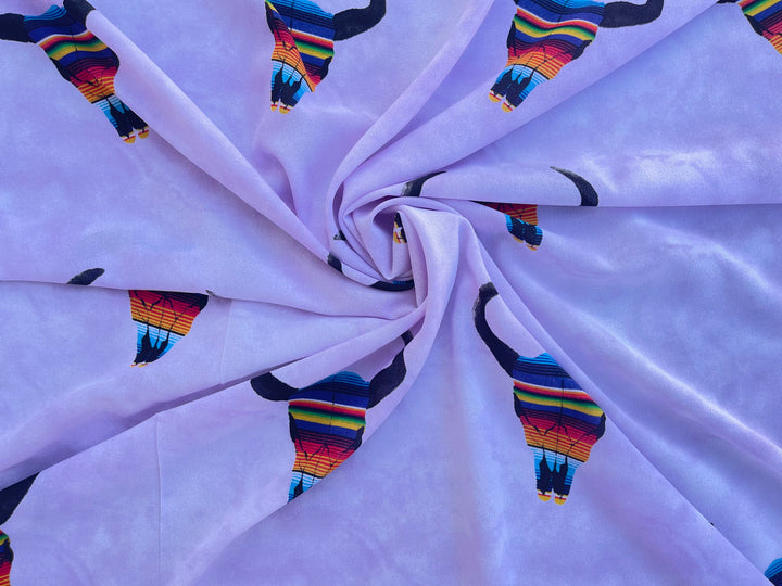 Stretch Crepe  fabric by the yard - Serape skull on lavender  tie dye western print