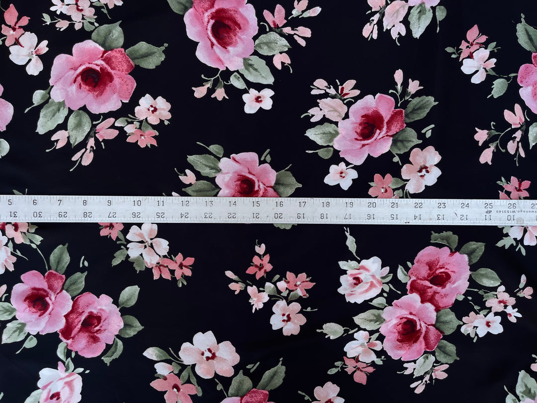 Lightweight satin fabric by the yard - Pink Roses on Black background