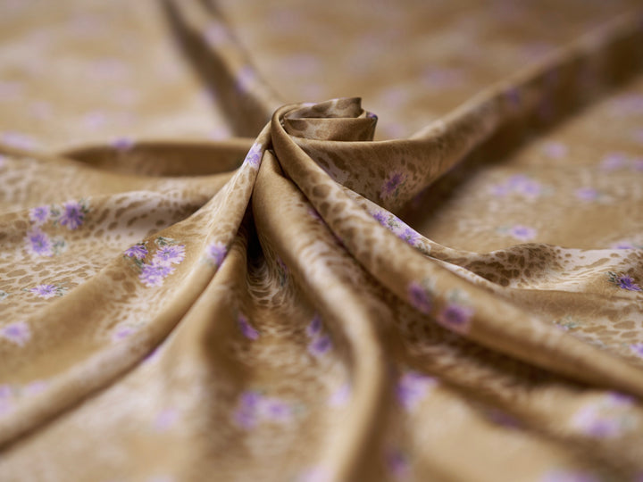 Lightweight  satin  fabric by the yard - Gold animal and purple   floral  print