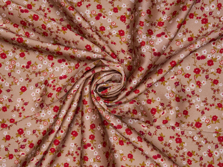 Lightweight  satin  dobby fabric by the yard - Mocha with red dainty florals  pattern