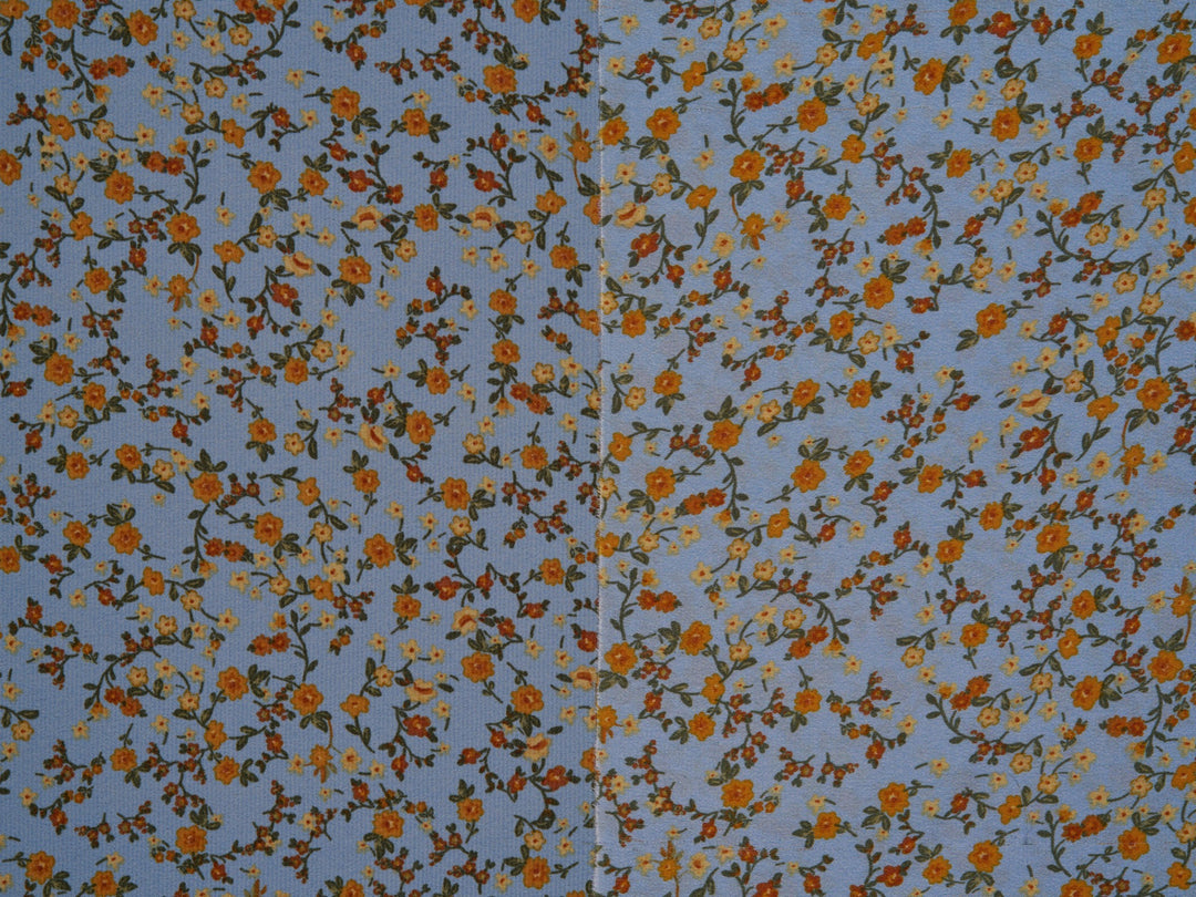 Lightweight  satin  dobby fabric by the yard - Light blue with rust and mustard   dainty floral pattern