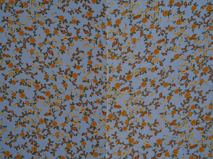 Lightweight  satin  dobby fabric by the yard - Light blue with rust and mustard   dainty floral pattern