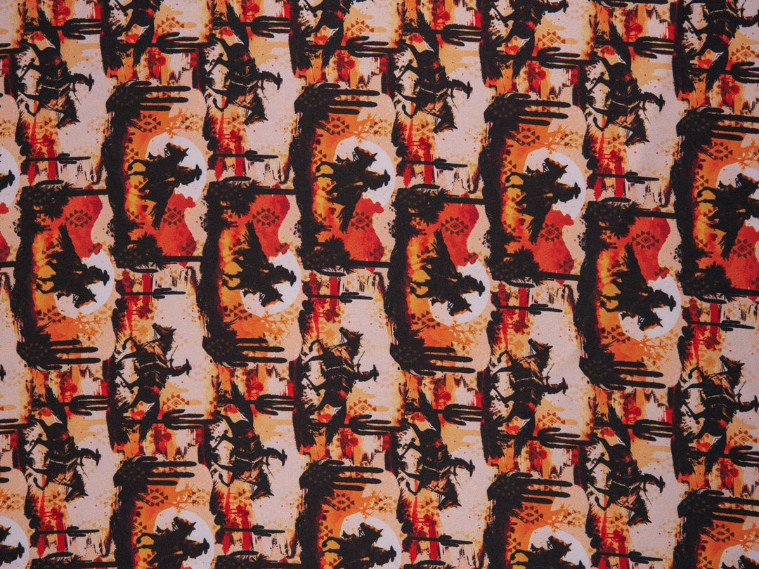 Charmeuse Satin sublimation  fabric by the yard -   Sunset Cowboys  western tribal print