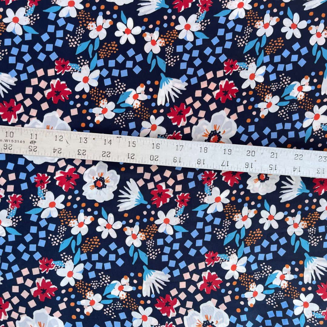 Lightweight  satin fabric by the yard - Navy blue red   floral  print