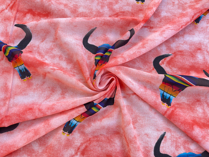 Stretch Crepe  fabric by the yard - Serape skull on coral tie dye western print