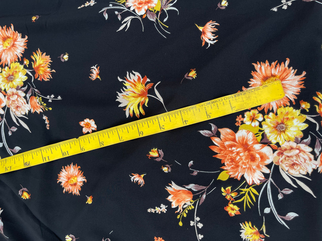 Peachskin stretch  print  fabric by the yard - Black orange floral print