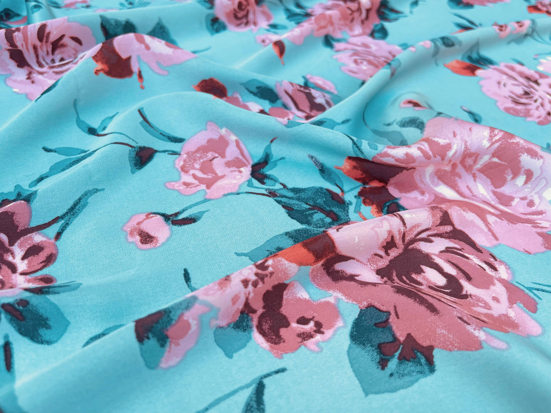 Lightweight  satin  fabric by the yard - Aqua and coral  floral  print