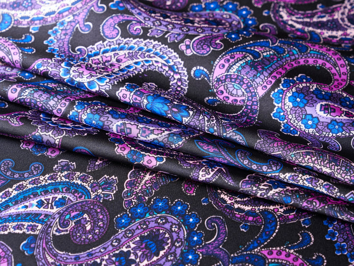 Paisley charmeuse satin fabric by the yard - Black purple and teal  tones