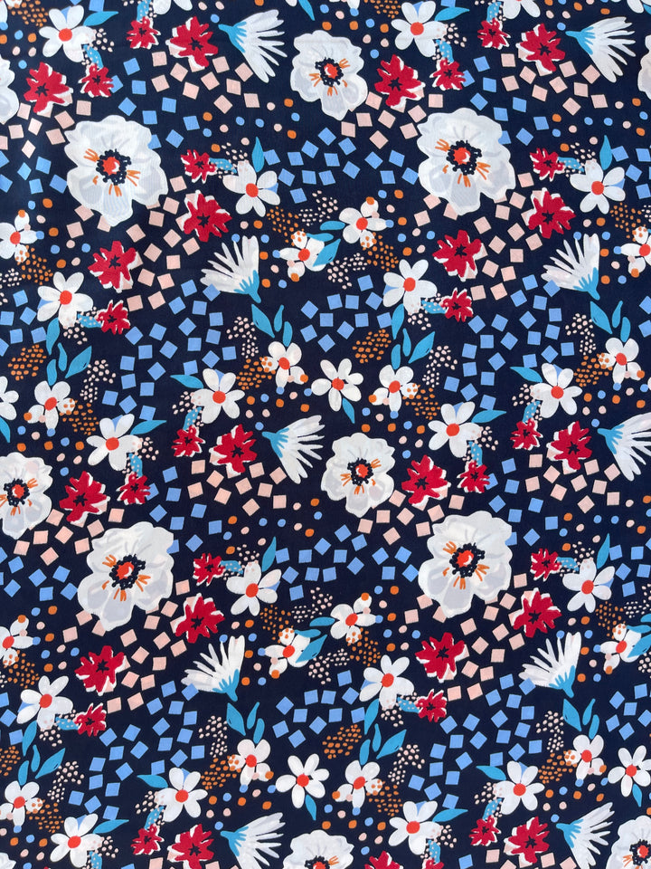 Lightweight  satin fabric by the yard - Navy blue red   floral  print