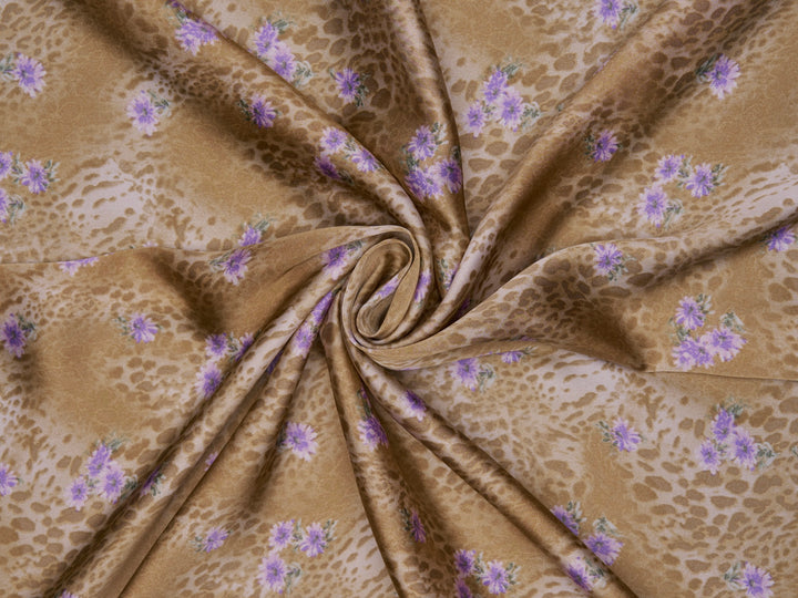 Lightweight  satin  fabric by the yard - Gold animal and purple   floral  print