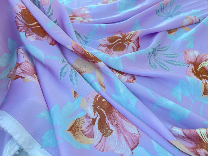 Lightweight  satin  fabric by the yard - Lavender teal rusty orange floral