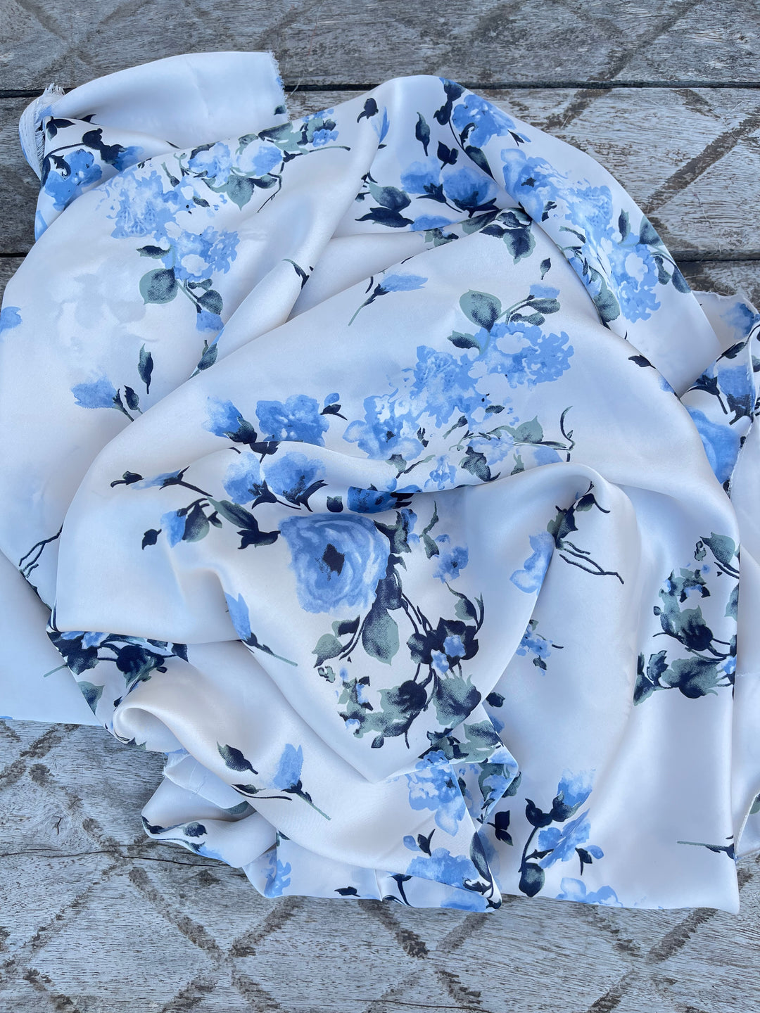 Lightweight  satin  fabric by the yard - off white blue floral  print