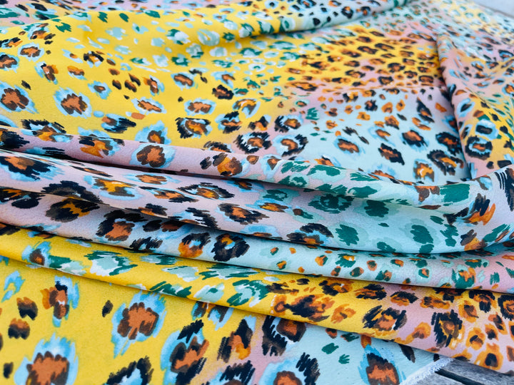 Lightweight  satin  fabric by the yard - Yellow aqua coral animal print