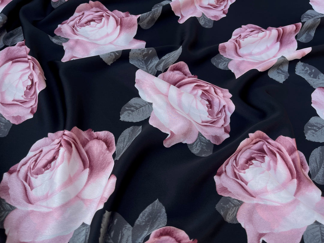 Lightweight  satin  fabric by the yard - Black and peachy tones floral  print