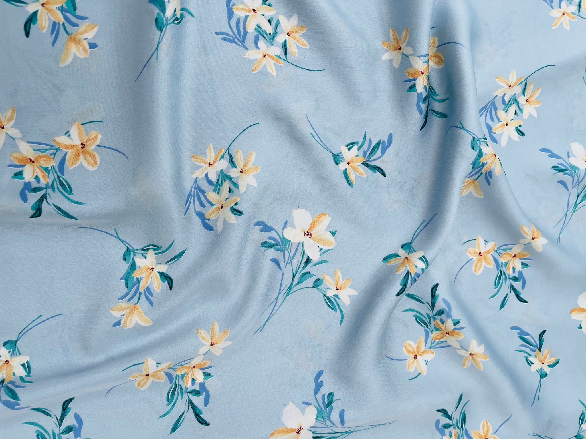 Lightweight satin fabric by the yard - Light blue dainty floral print –  MONSARFABRICS