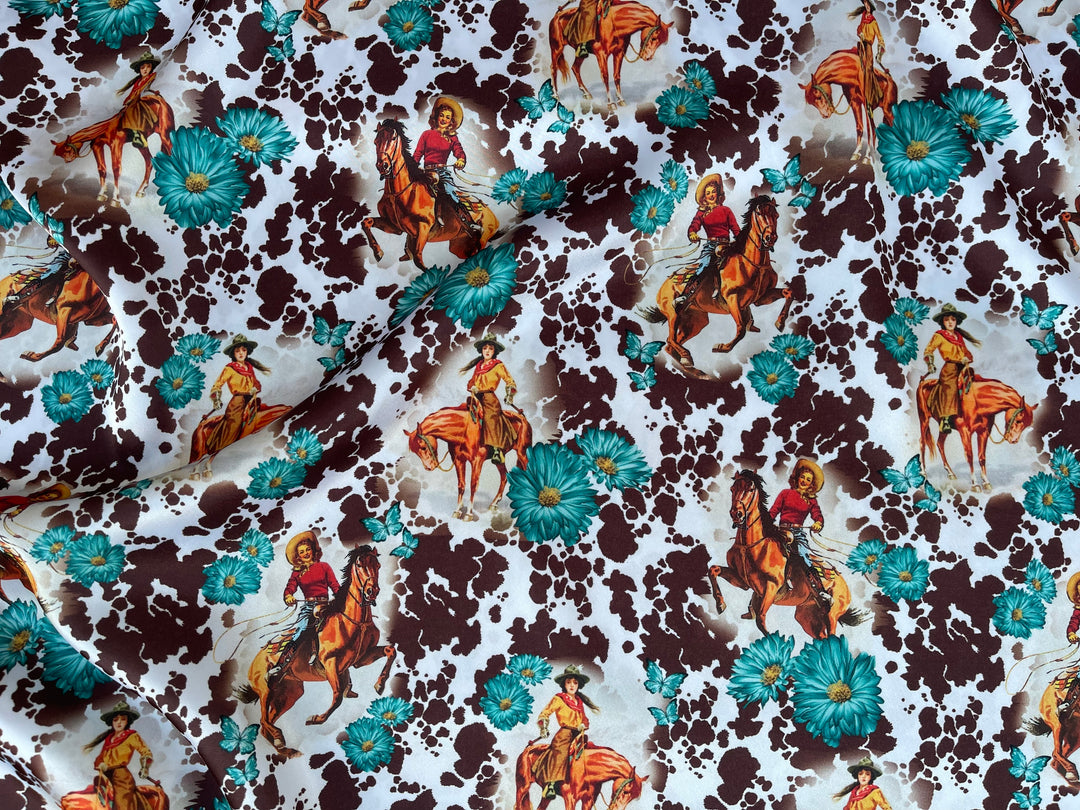 Charmeuse Satin sublimation  fabric by the yard -  Vintage Cowgirls -  western  animal  print