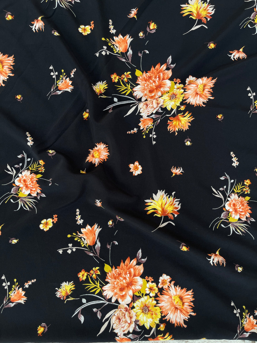 Peachskin stretch  print  fabric by the yard - Black orange floral print