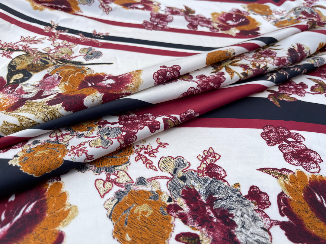 Lightweight  satin  fabric by the yard - Striped aviary floral  print