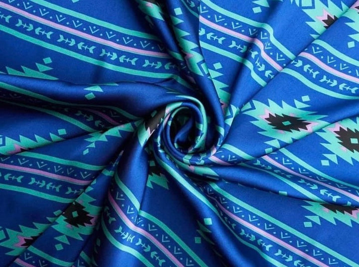 Tribal boho charmeuse satin fabric by the yard - Blue lavender  Aztec