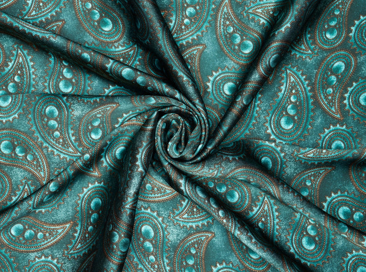 Charmeuse satin fabric by the yard -  MonSar exclusive   Arabian   paisley print - Quetzal green