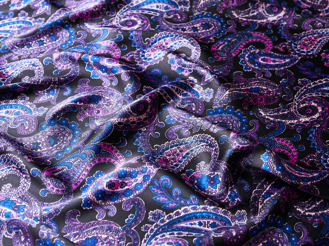 Paisley charmeuse satin fabric by the yard - Black purple and teal  tones