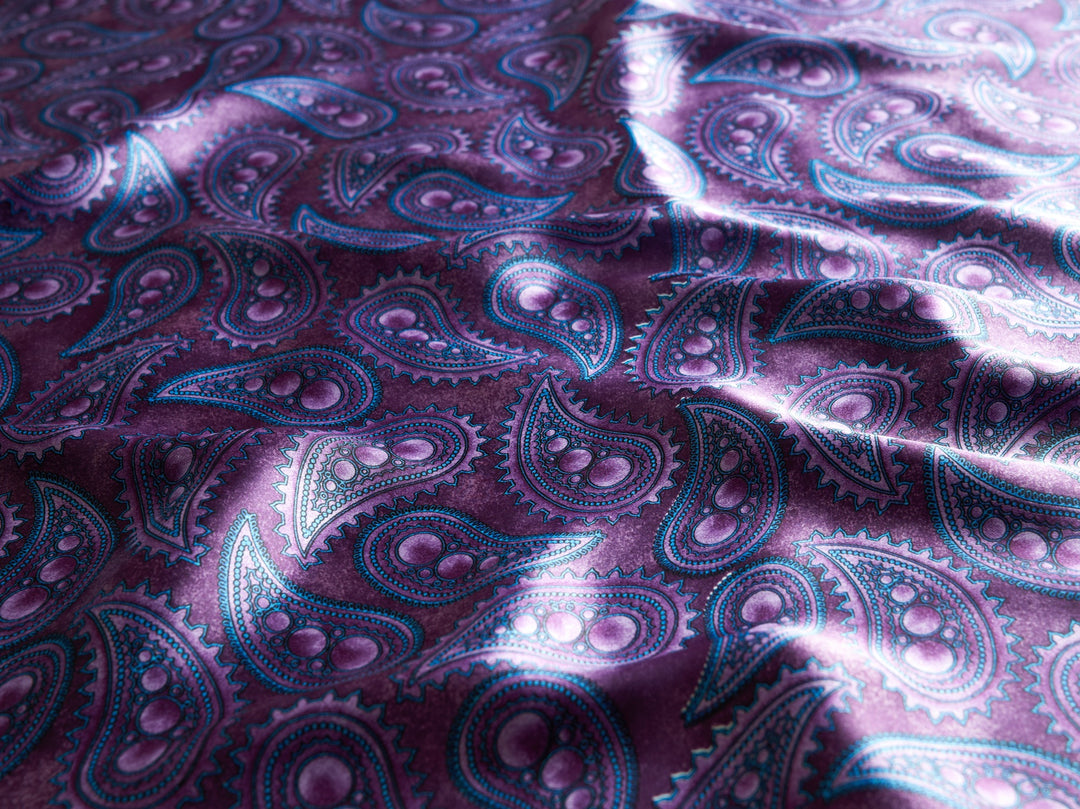 Charmeuse satin fabric by the yard -  MonSar exclusive   Arabian   paisley print - Majestic purple