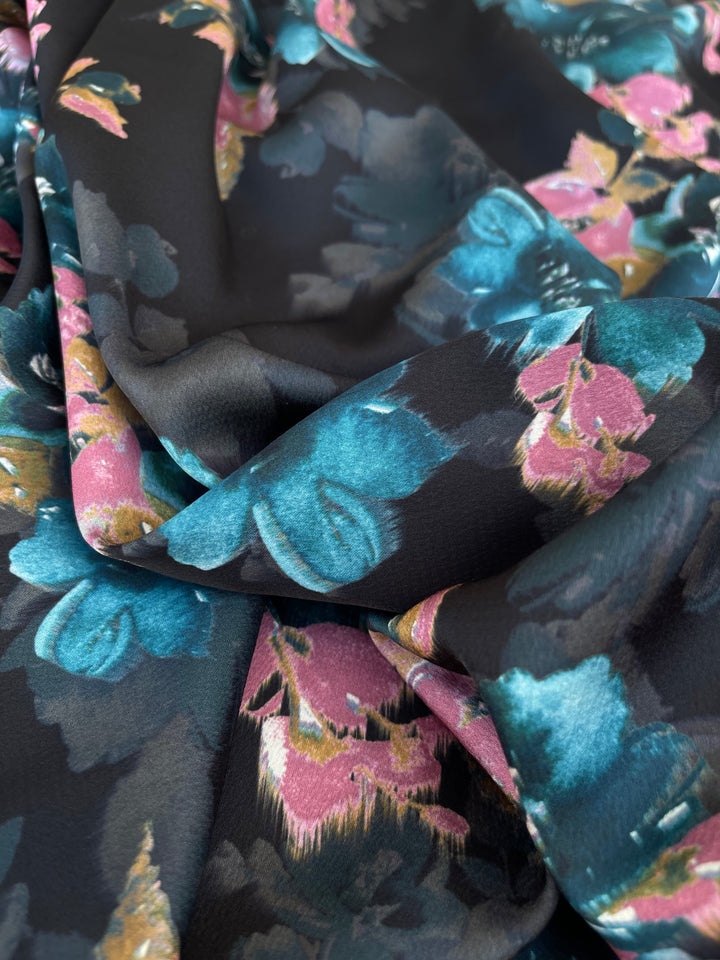 Lightweight stretch   satin dobby   fabric by the yard -  Teal and coral floral on black  pattern