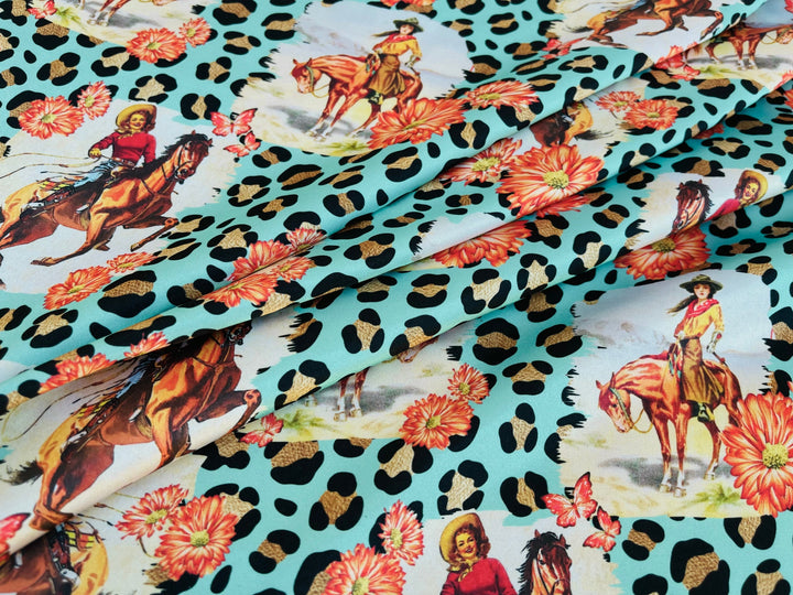 Charmeuse Satin sublimation  fabric by the yard -  Vintage Cowgirls -  western  animal  print