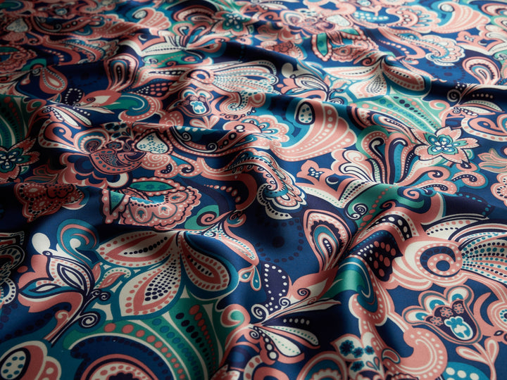 Charmeuse silky satin fabric by the yard - Blue and coral paisley print