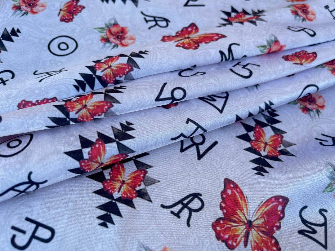 Charmeuse Satin sublimation  fabric by the yard -   Butterflies, paisleys and brands  print