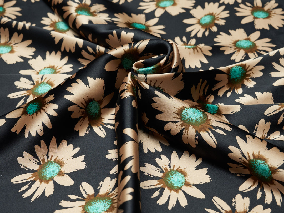 Charmeuse satin fabric by the yard -  Daisy floral print on Black