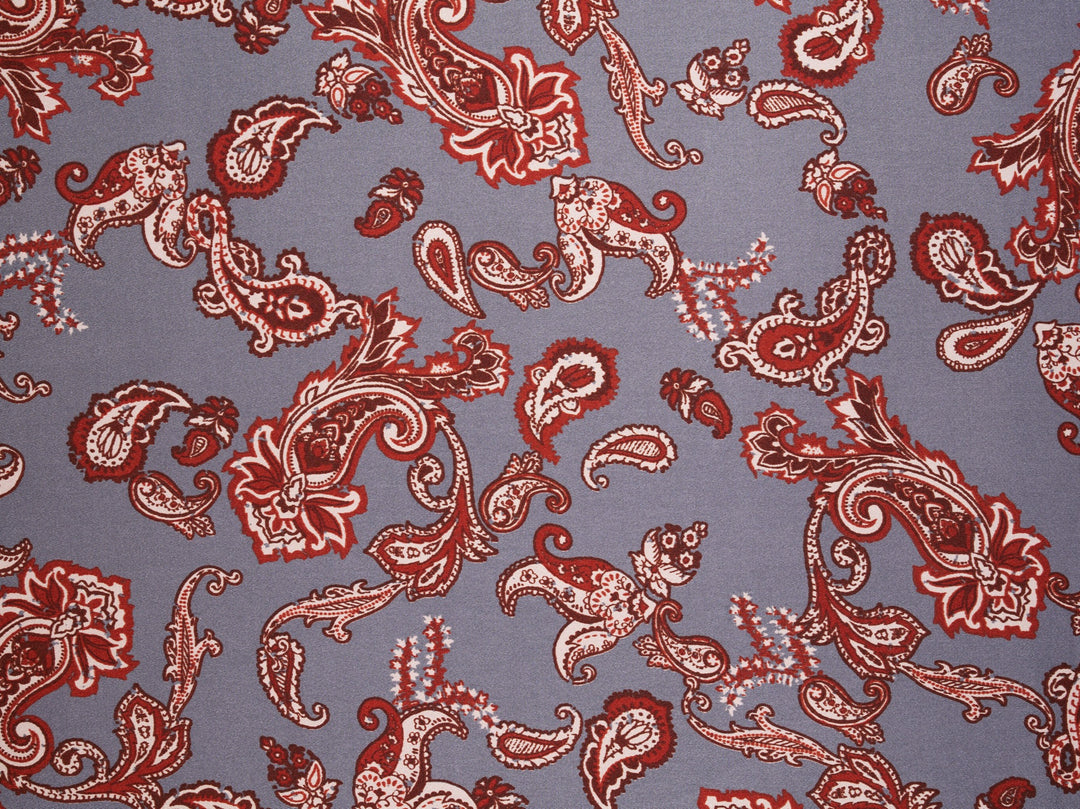 Charmeuse satin fabric by the yard - Gray and burgundy  distressed paisley   print