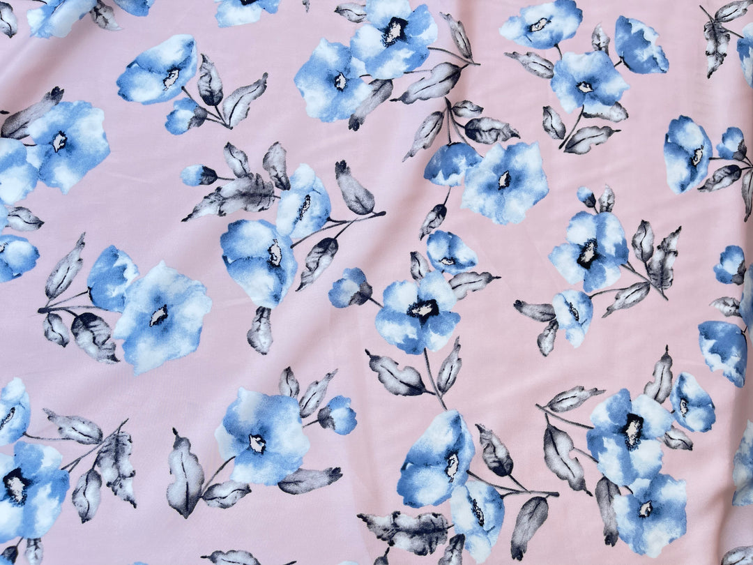 Lightweight  satin  fabric by the yard - Pink blue floral  print