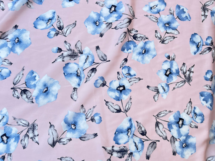 Lightweight  satin  fabric by the yard - Pink blue floral  print