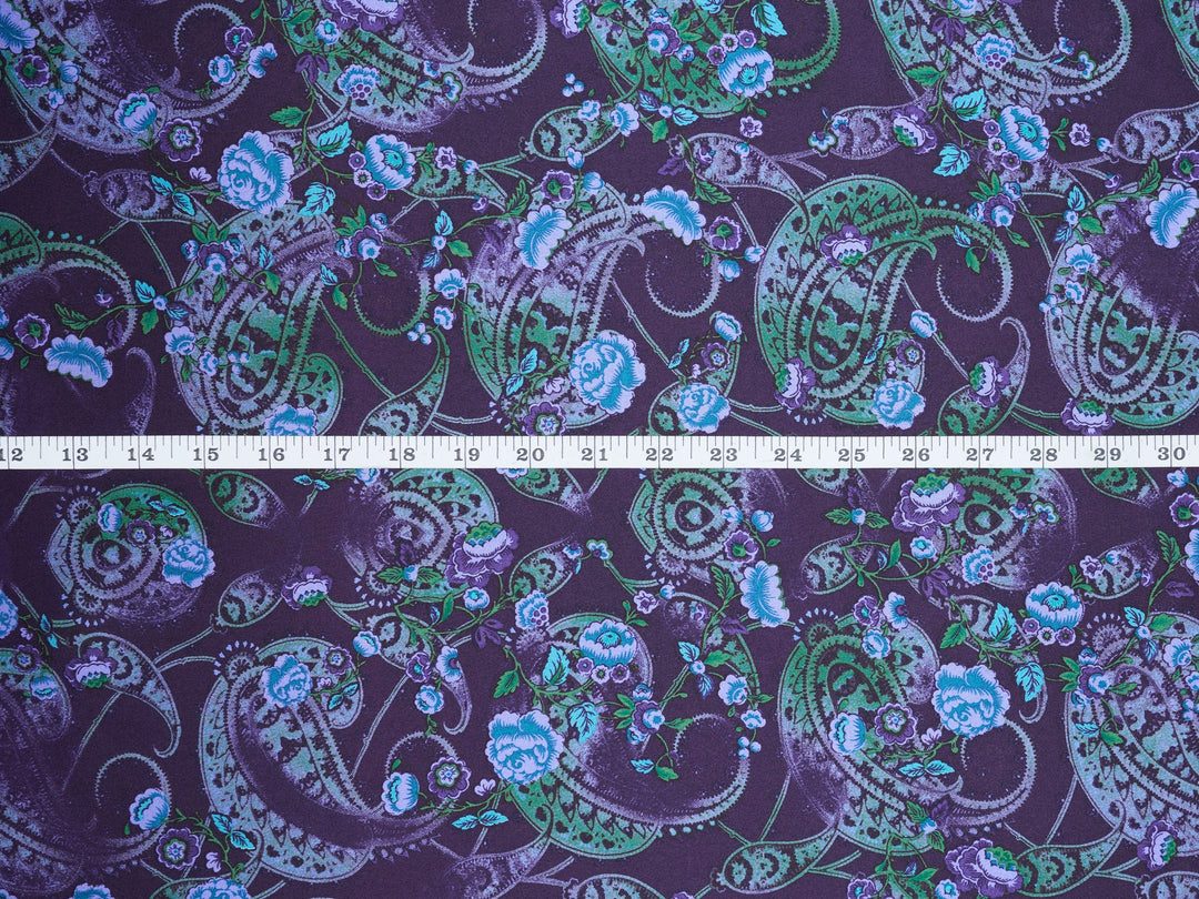 Purple and teal washed paisley  - charmeuse satin fabric by the yard - MonSar exclusive