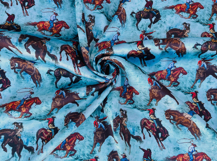 Charmeuse Satin sublimation  fabric by the yard -  Buckin’ Horses - Cowboys western    print