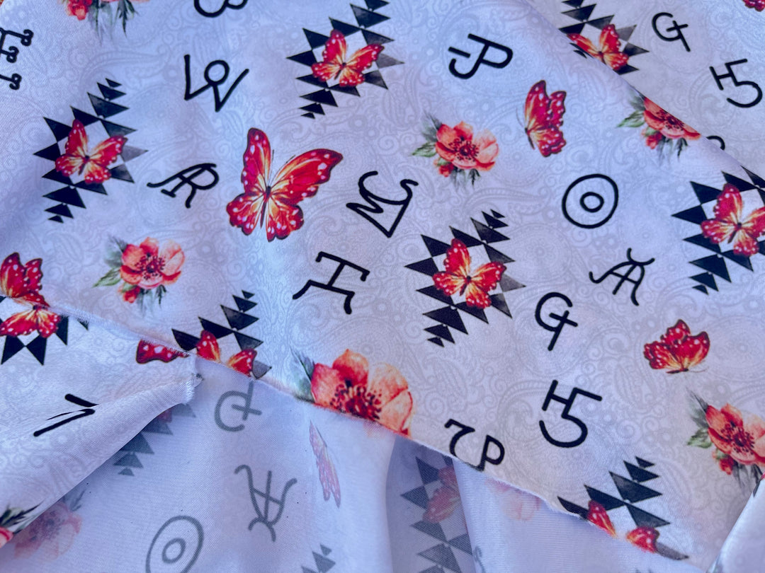 Charmeuse Satin sublimation  fabric by the yard -   Butterflies, paisleys and brands  print