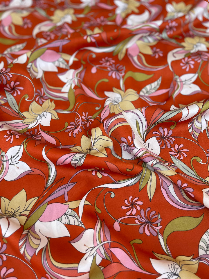 Lightweight  satin stretch fabric by the yard -  Orange  sage  ivory  floral