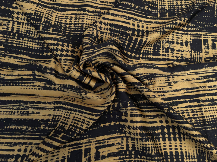 Lightweight  satin  fabric by the yard - Bronze Mustard and black abstract  print