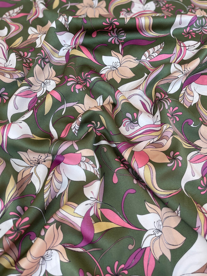 Lightweight  satin stretch fabric by the yard - Green lavender ivory  floral