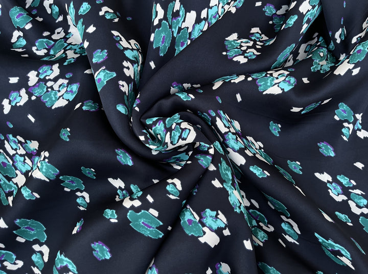 Lightweight  satin  fabric by the yard - Turquoise blue purple nature print