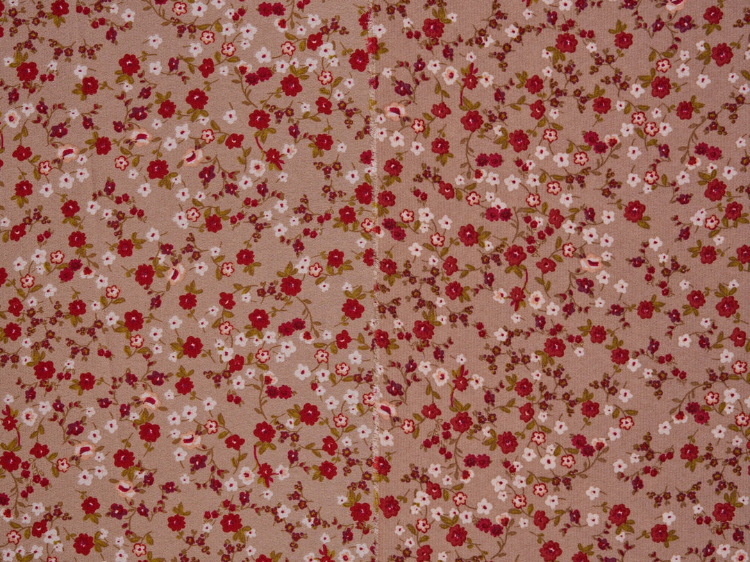 Lightweight  satin  dobby fabric by the yard - Mocha with red dainty florals  pattern