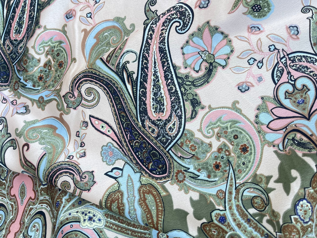 Lightweight  satin  dobby fabric by the yard - Peach blue and green paisley tribal border print