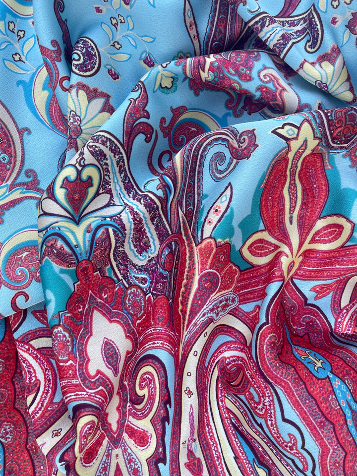 Lightweight  satin  dobby fabric by the yard - Aqua red  paisley tribal border print