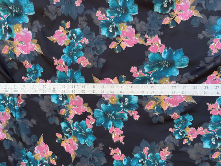 Lightweight stretch   satin dobby   fabric by the yard -  Teal and coral floral on black  pattern