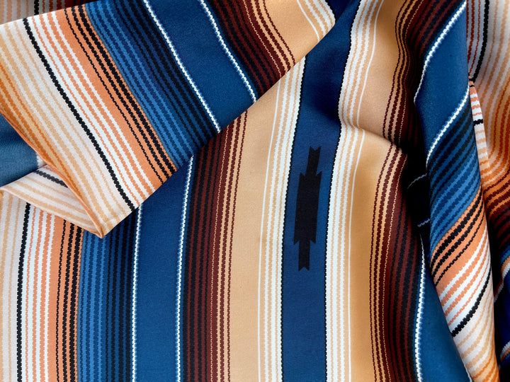 Serape boho charmeuse satin fabric by the yard - Brown blue orange