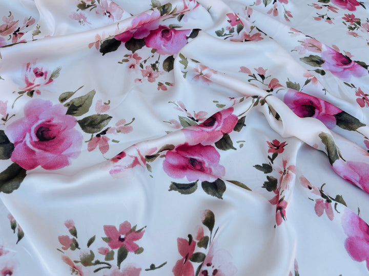 Lightweight satin fabric by the yard - Pink Roses on off white  background