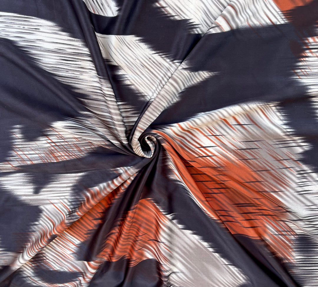 Lightweight  satin fabric by the yard - Ivory black and orange  ikat print