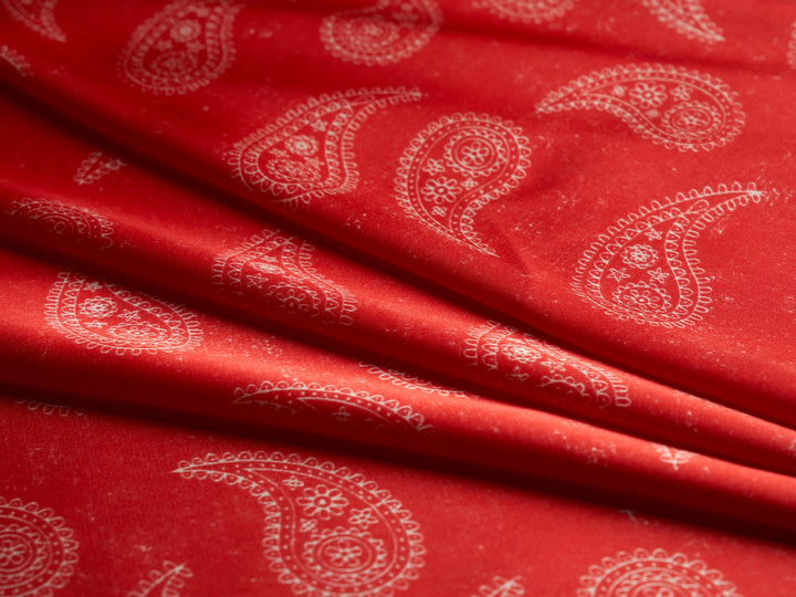 Charmeuse satin fabric by the yard - Red and off white paisley print